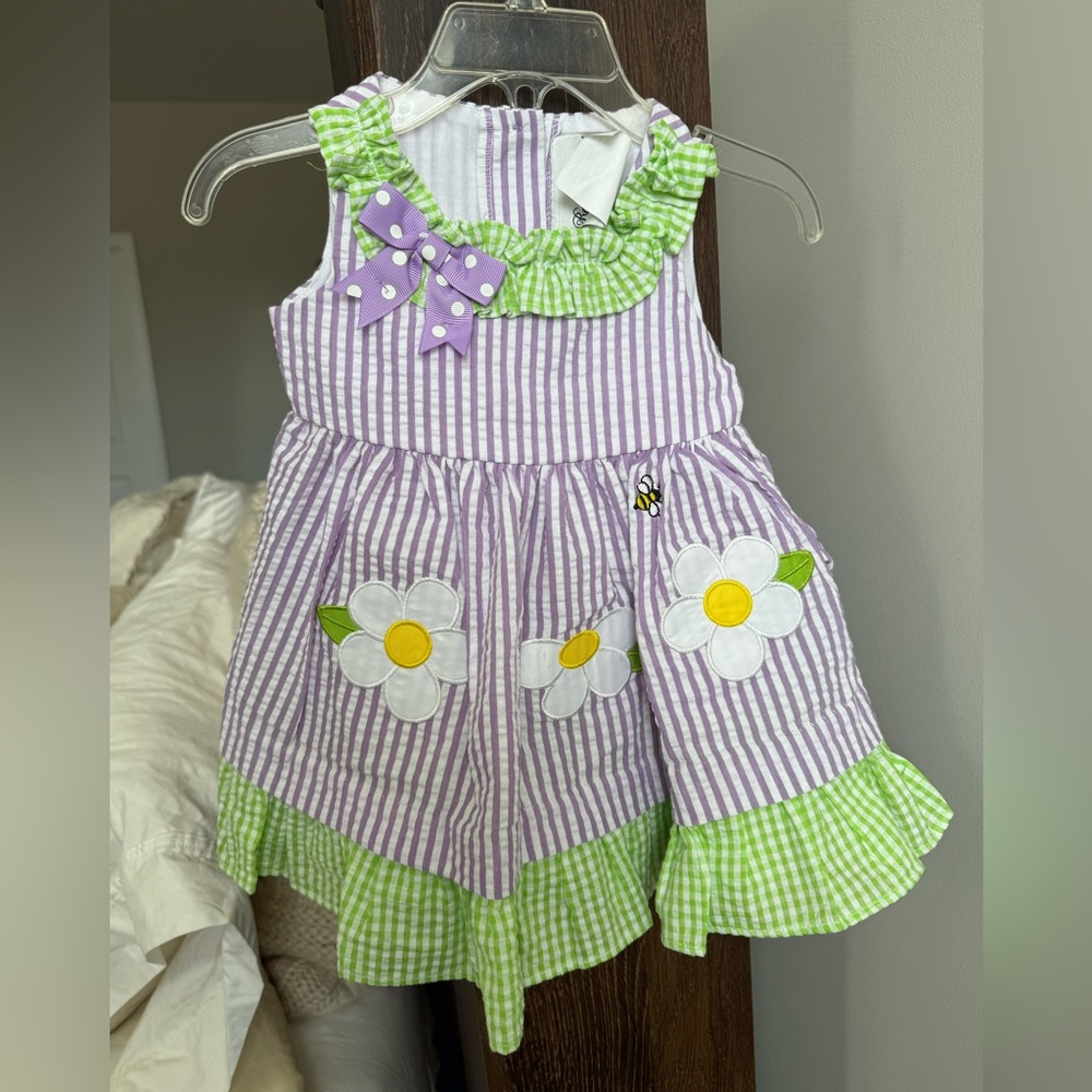 NWT Rare Editions Purple and Green gingham & Striped Dress with Floral appliqué